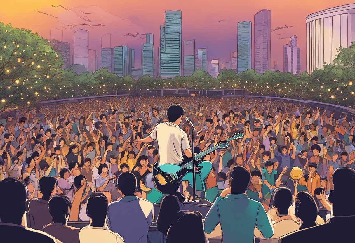 A live band performing on stage in Singapore, with a crowd of people enjoying the music and lights