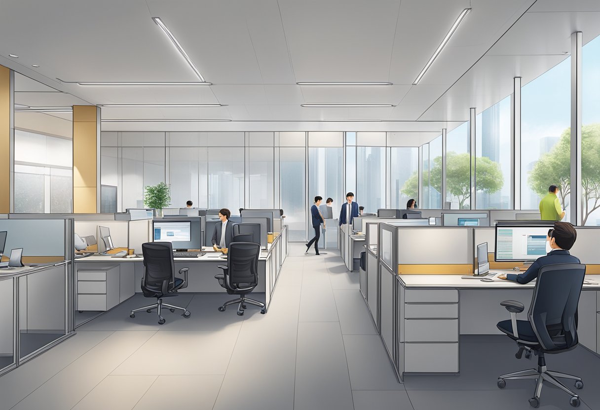 AIA Singapore's Alexandra office, with employees handling sensitive information in private spaces, ensuring data privacy and security