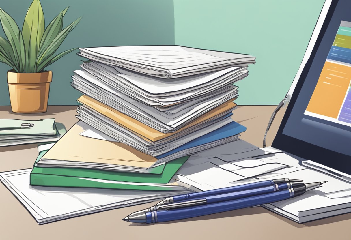 A stack of paper with "Frequently Asked Questions col singapore" printed on the cover, surrounded by a computer, pen, and open book