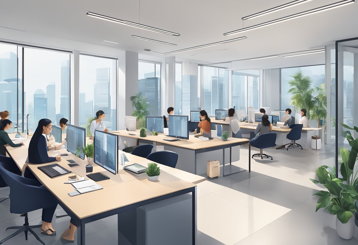 A bustling model agency in Singapore, with sleek, modern decor and a team of professionals working with portfolios and discussing potential talent