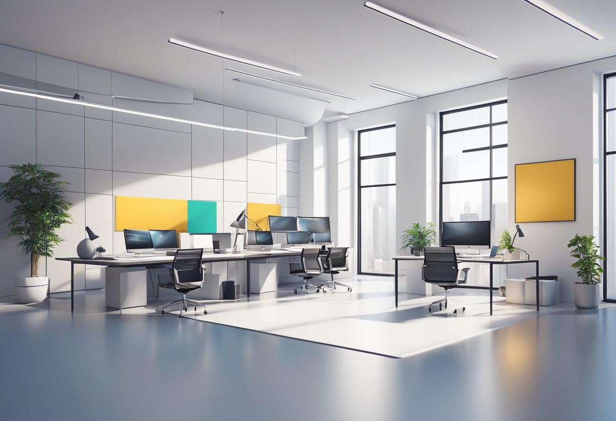 A bright, modern office space with a sleek desk, computer, and a wall display of successful models. A team of professionals discussing portfolios and contracts