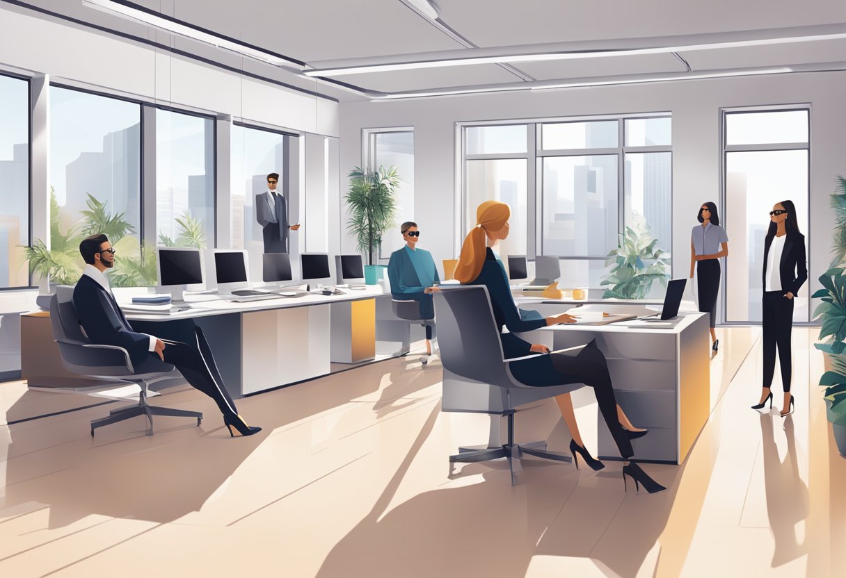A sleek, modern office space with a team of fashion professionals discussing portfolios and runway shows