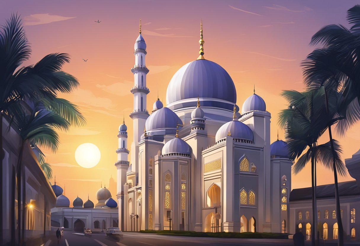 The sun sets behind the iconic Masjid Sultan mosque in Singapore, casting a warm glow on its intricate domes and minarets