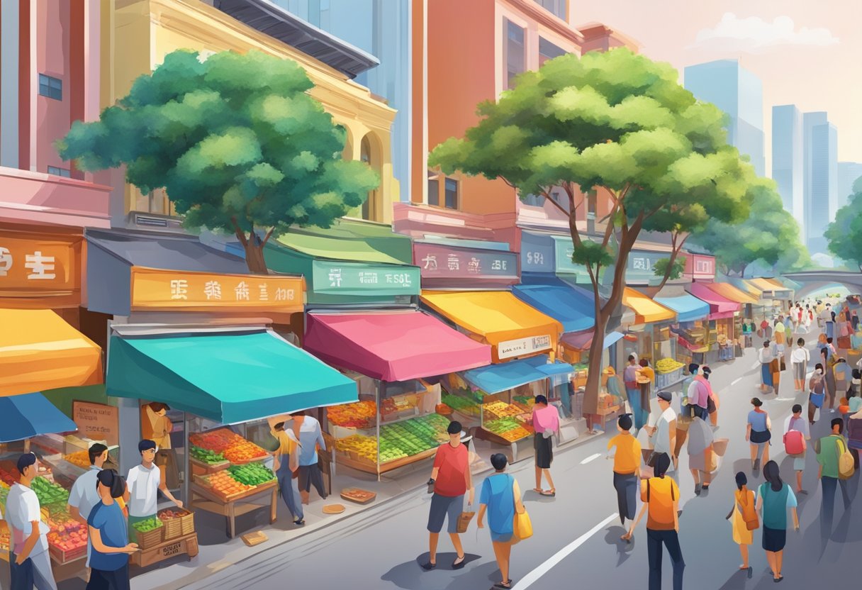 A bustling street in Singapore with colorful buildings, street vendors, and bustling crowds