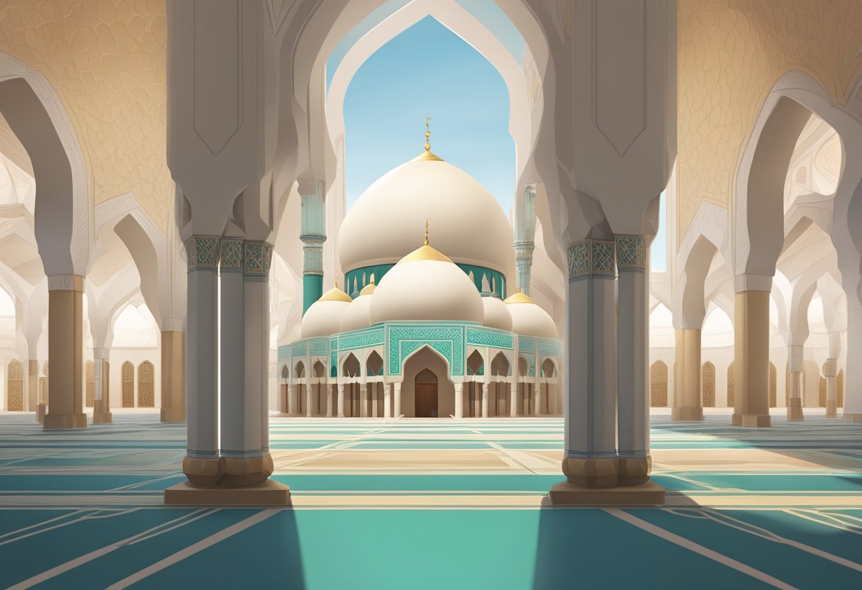 A mosque interior with a prominent qibla wall, marked with a mihrab and a simple, unobstructed view towards Mecca