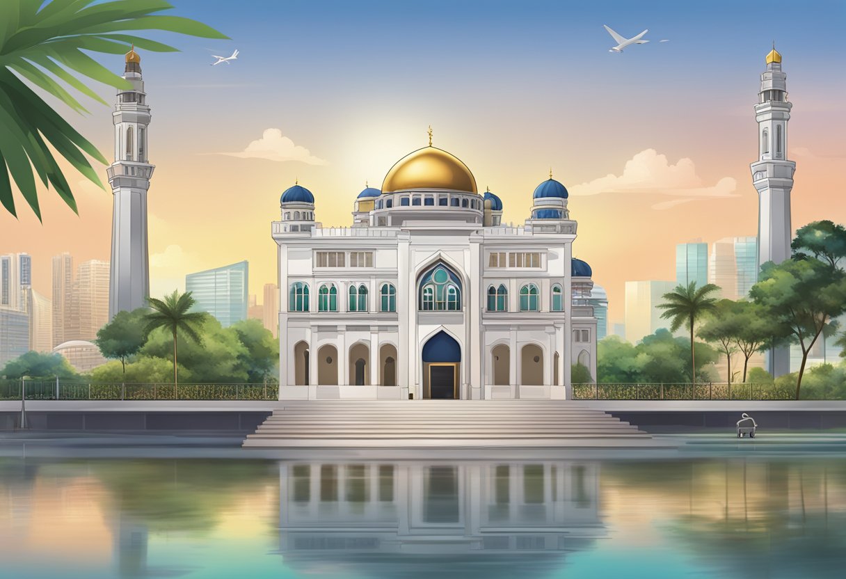 A compass pointing towards the Qibla direction in Singapore, with a mosque in the background