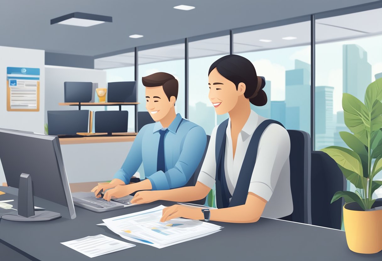 A traveler in Singapore purchasing the cheapest travel insurance at a bustling insurance office with a friendly agent assisting them