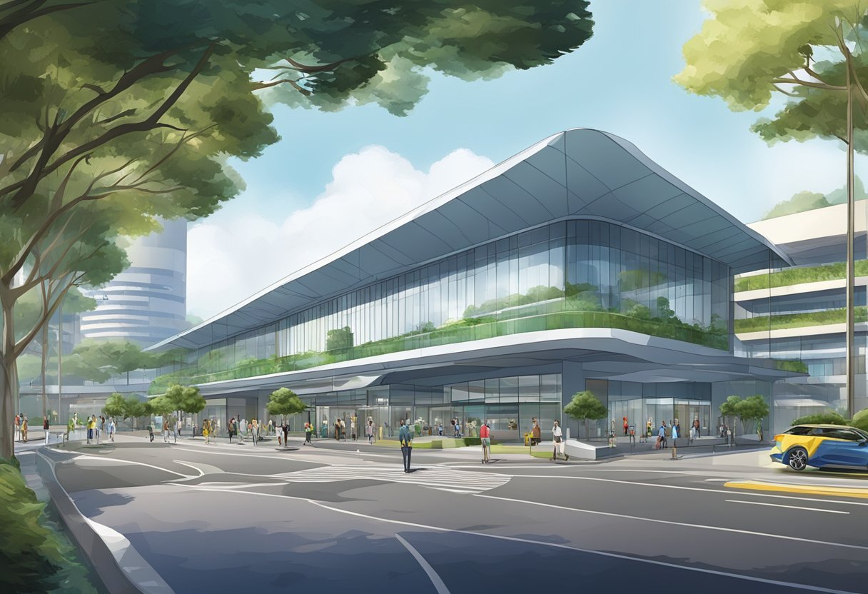 The scene features the modern architecture of Club Facilities and Services at Boon Lay Way, The Chevrons in Singapore