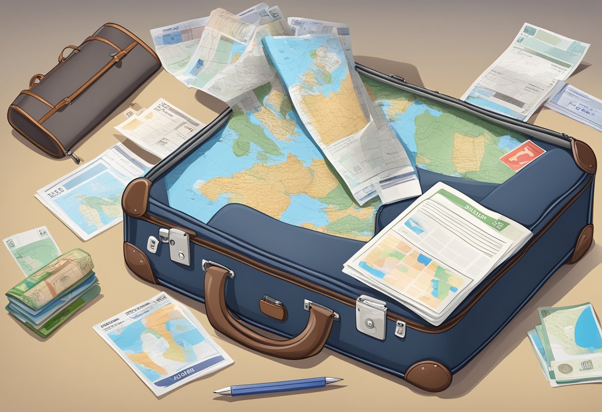 A suitcase with travel stickers, a passport, and a boarding pass on a table with a map and travel insurance documents
