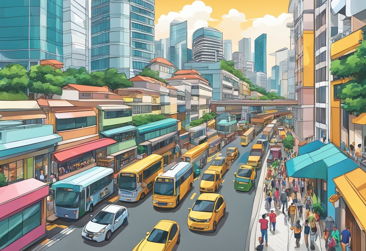 Busy street in Singapore today, with colorful buildings and bustling traffic