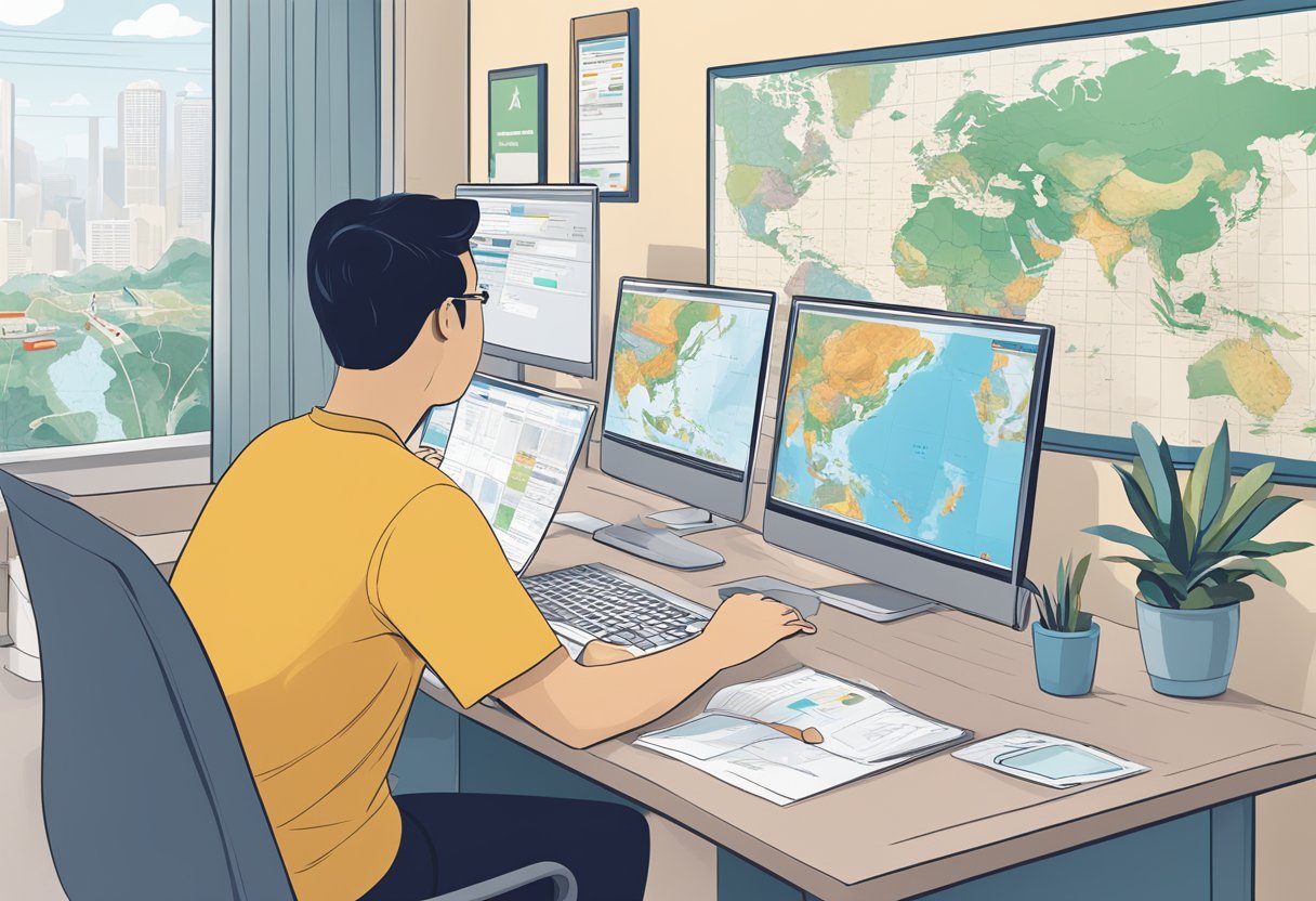 A person sits at a desk, browsing through various travel insurance options on a computer screen. A map of Singapore hangs on the wall behind them