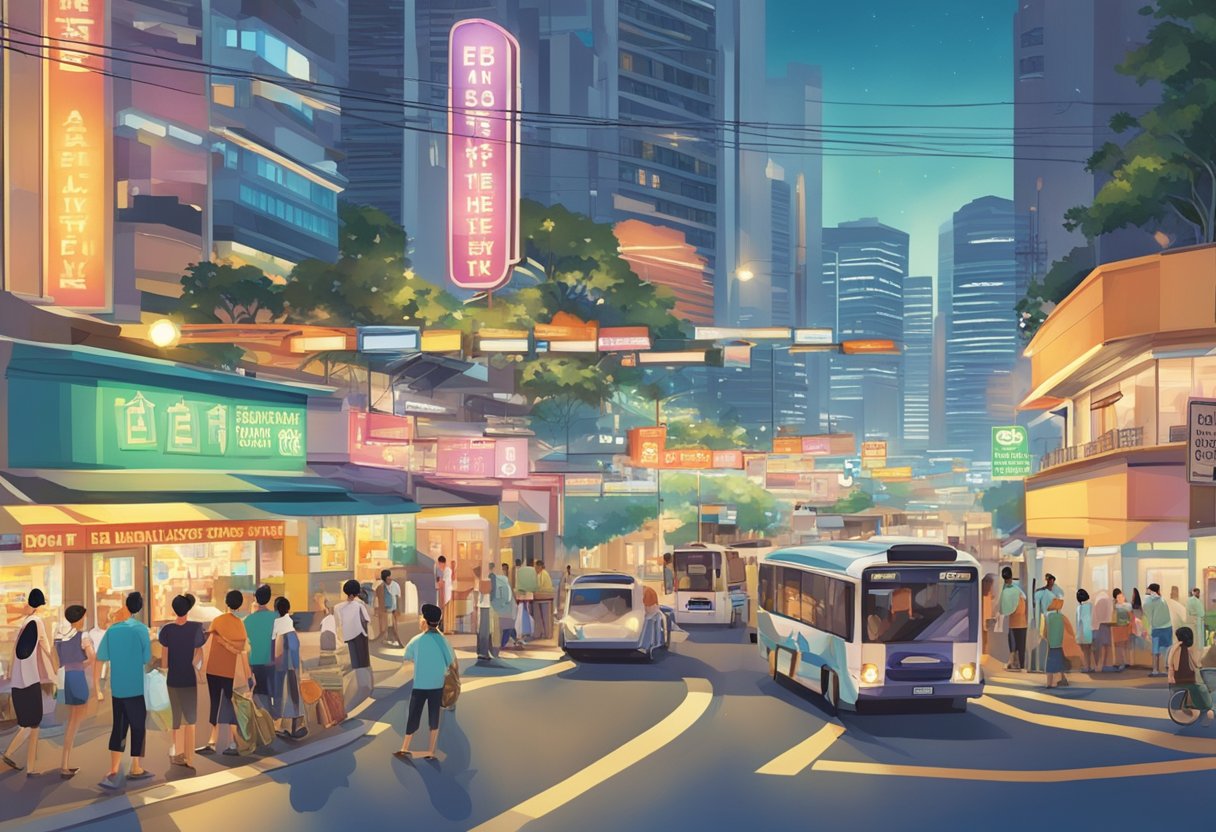 A bustling street with a prominent sign reading "Frequently Asked Questions boon lay way the chevrons singapore." Bright lights and busy traffic add to the lively atmosphere