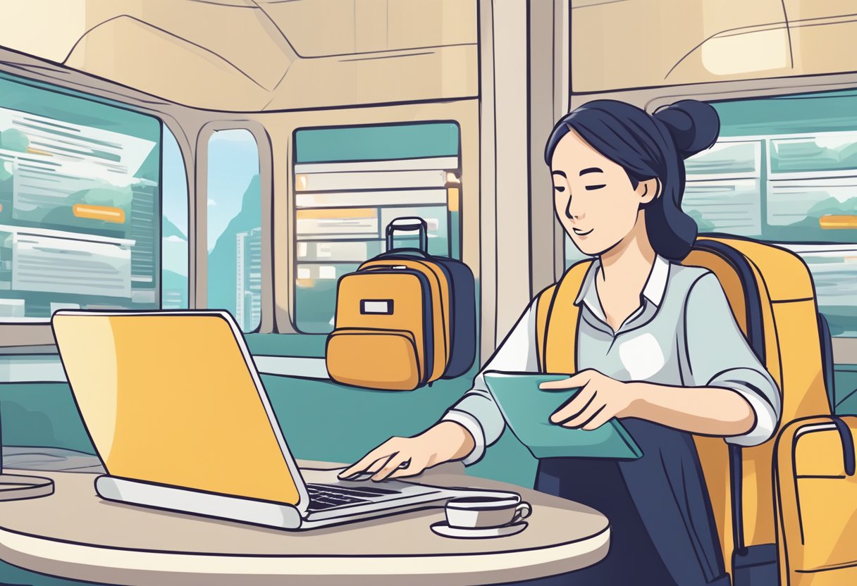 A traveler browsing a website, with a laptop open, reading a list of frequently asked questions about the cheapest travel insurance in Singapore
