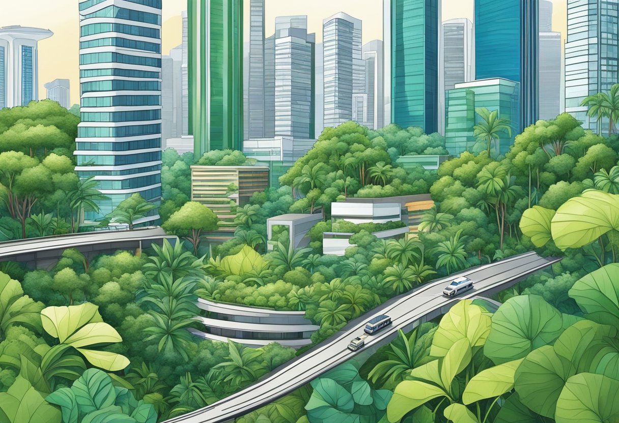 Lush greenery surrounds towering skyscrapers in the bustling city of Singapore, with a vibrant mix of modern architecture and traditional landmarks