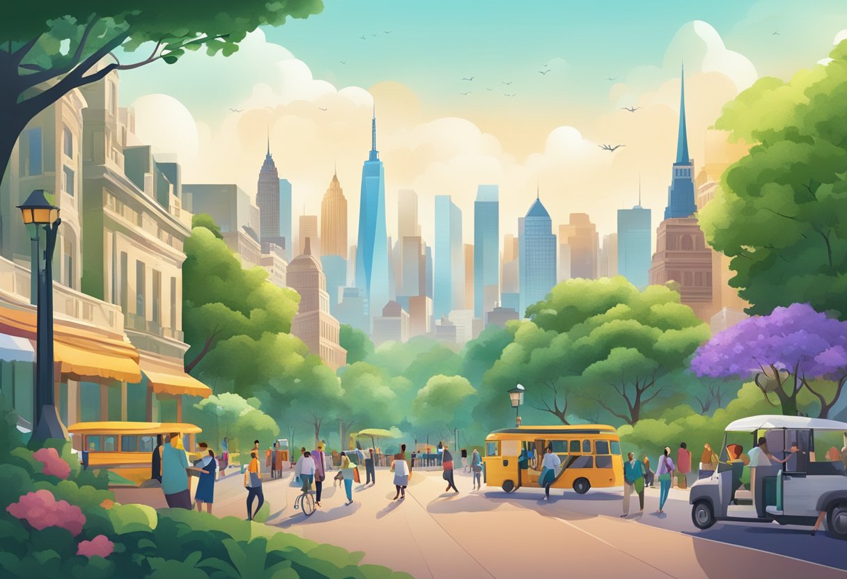 A bustling city skyline with iconic landmarks, lush green parks, and thrilling outdoor activities