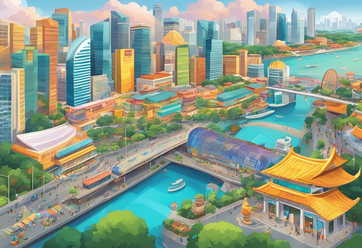 The bustling streets of Singapore are lined with colorful signs advertising the many attractions and adventures awaiting visitors. The iconic skyline and vibrant energy of the city create a dynamic backdrop for the Visitor Information mega adventure