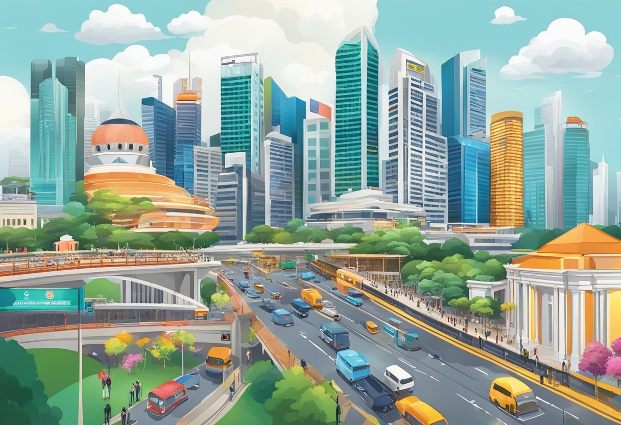 A bustling cityscape with iconic landmarks and vibrant street scenes, showcasing the energy and diversity of Singapore
