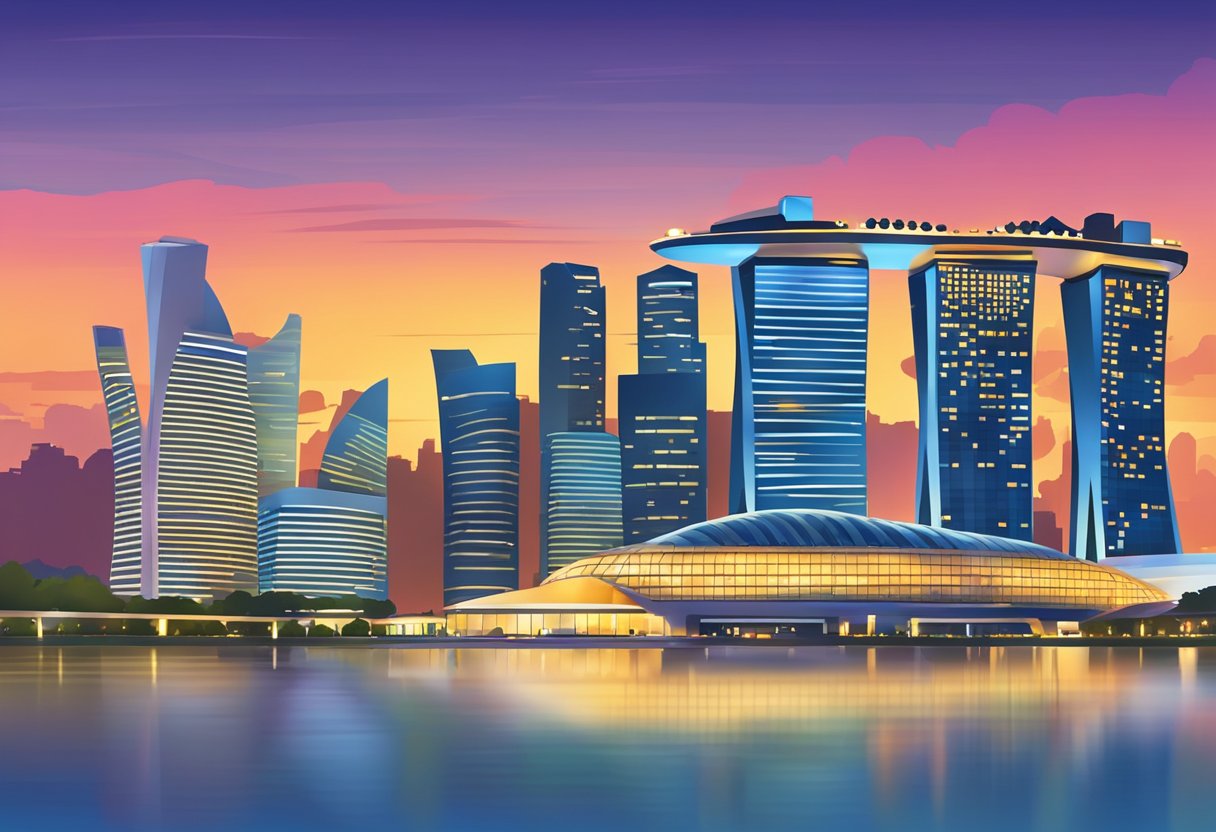 The iconic skyline of Singapore, with its futuristic skyscrapers and the Marina Bay Sands hotel, is illuminated by the vibrant colors of the evening sky