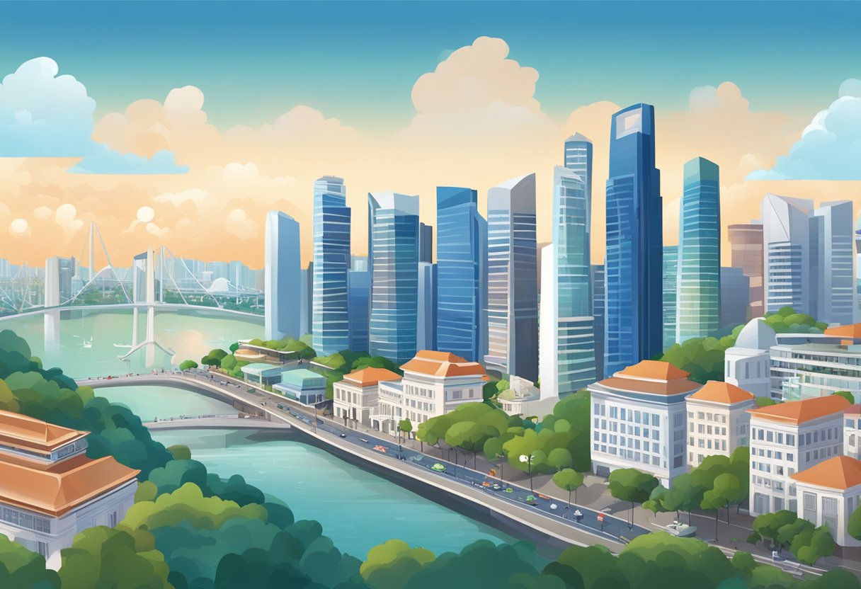 A bustling cityscape with iconic landmarks, modern buildings, and bustling streets in the heart of Singapore, with the recognizable Facebook logo displayed prominently