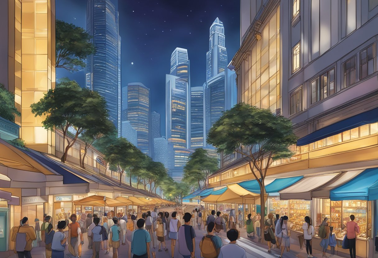The bustling streets of Singapore, with the iconic Godiva storefront illuminated in the evening, surrounded by vibrant city lights and bustling crowds
