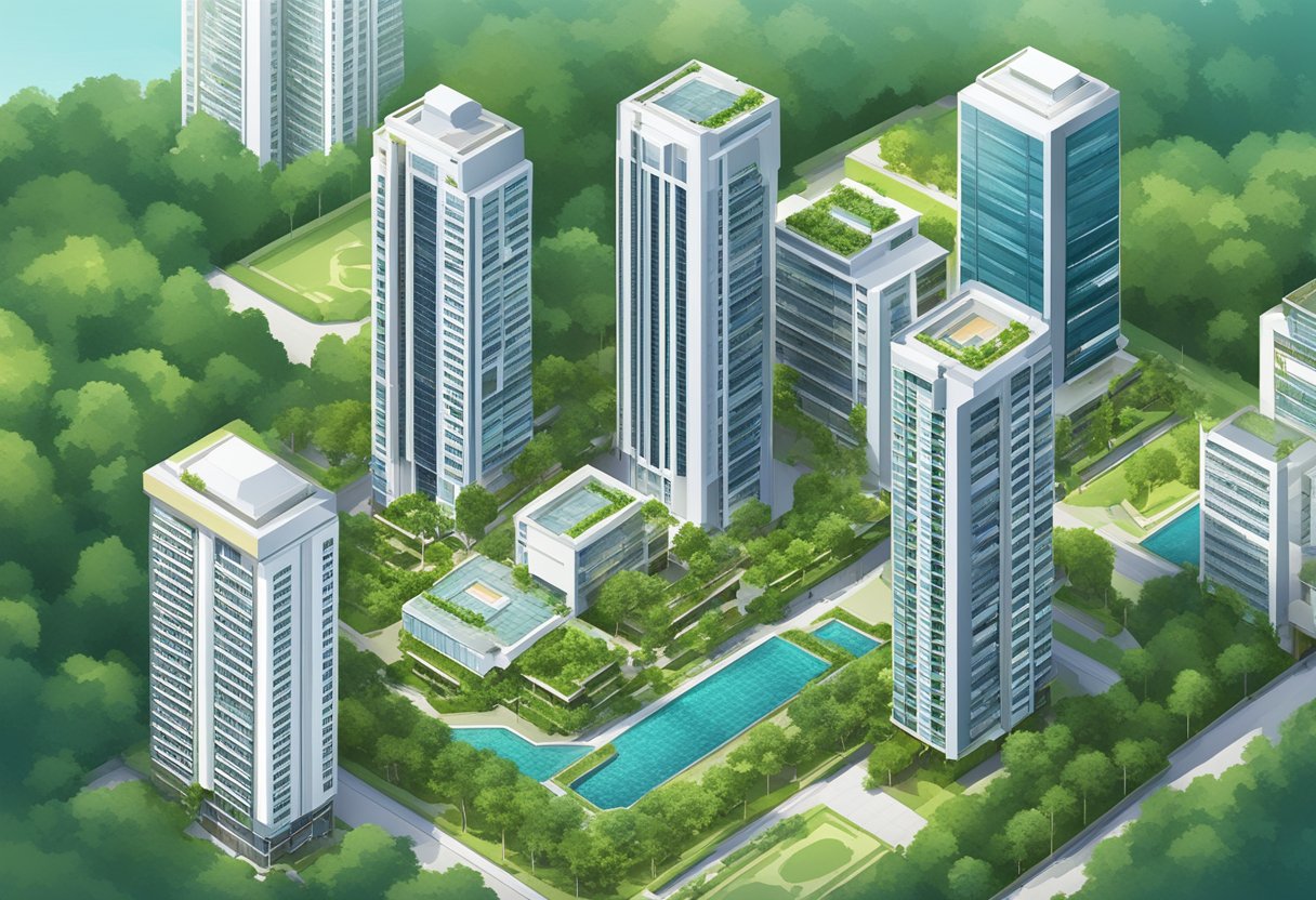 A modern city skyline with sleek, high-rise buildings and lush greenery surrounding a luxurious residential complex labeled "Executive Condominiums EC Singapore."