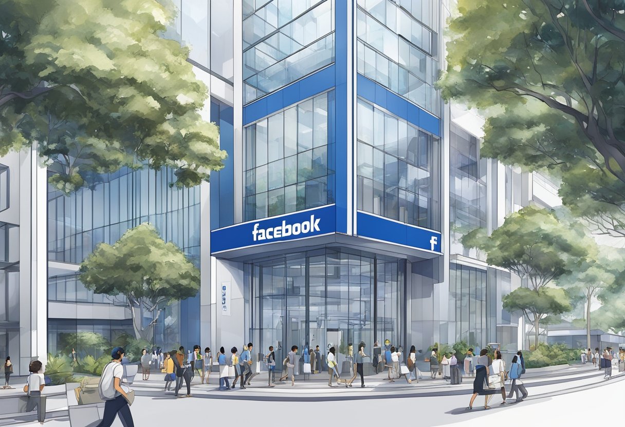 Facebook's office in Singapore, bustling with employees. The iconic blue and white logo adorns the entrance, while modern architecture surrounds the building