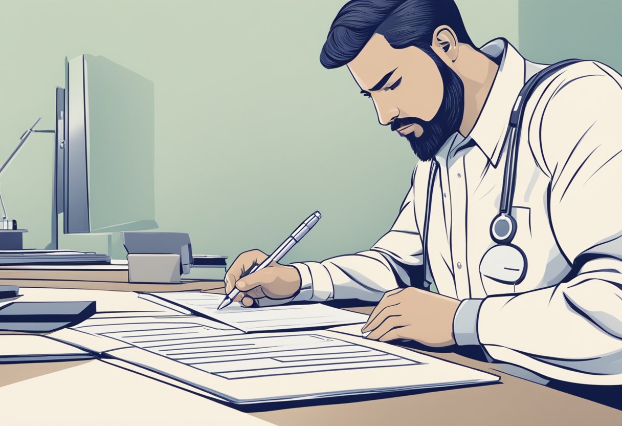 A person filling out a health declaration form with a pen at a desk