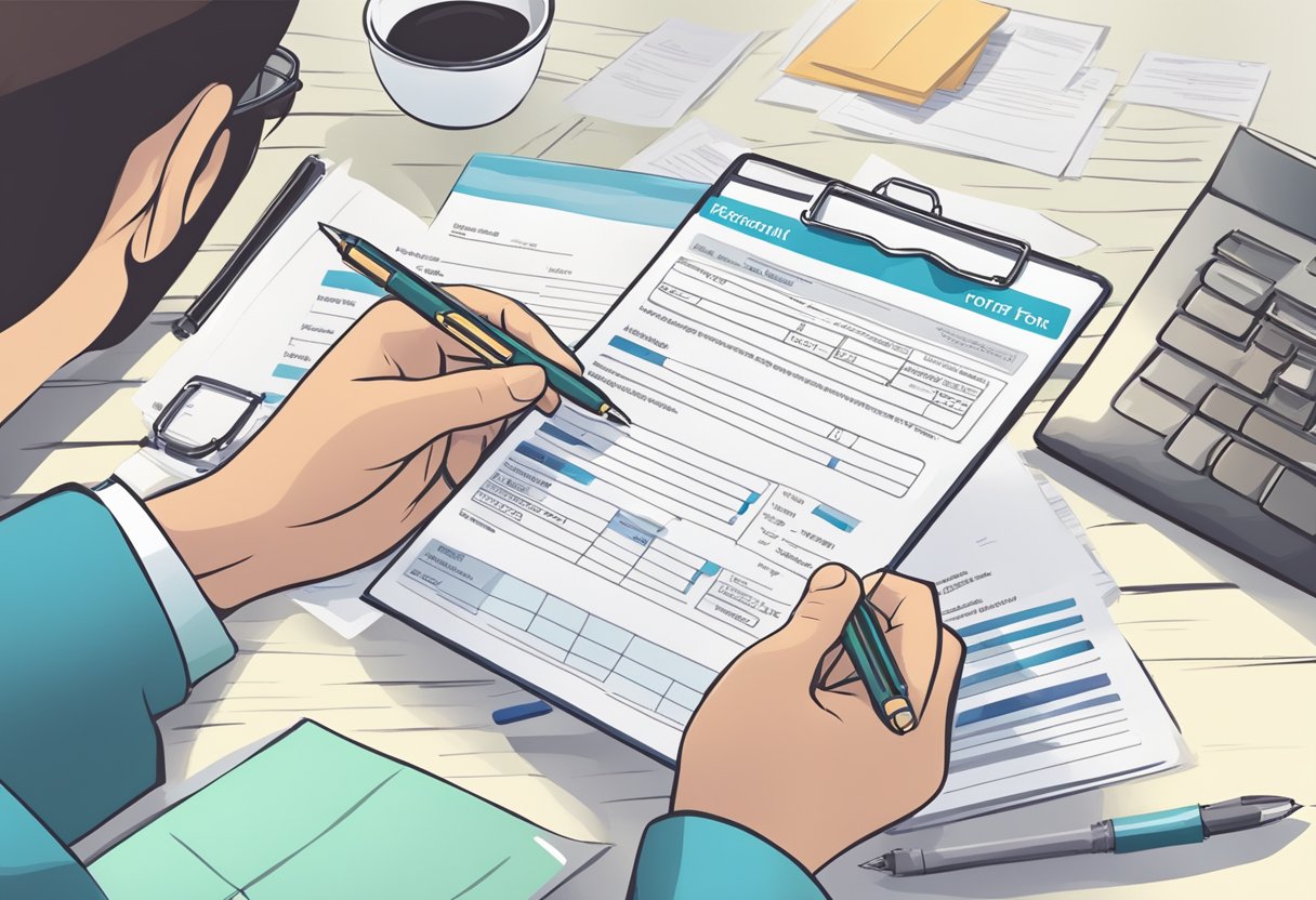 A person holding a pen, filling out a health declaration form with a table of personal information and a section for recent travel history