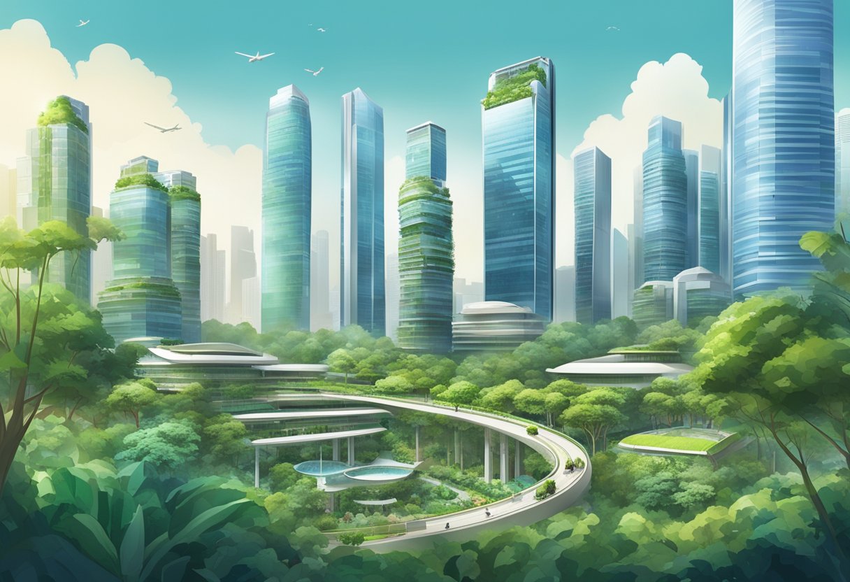 A bustling cityscape with modern skyscrapers and lush greenery, showcasing the integration of innovative technologies and sustainability in Singapore