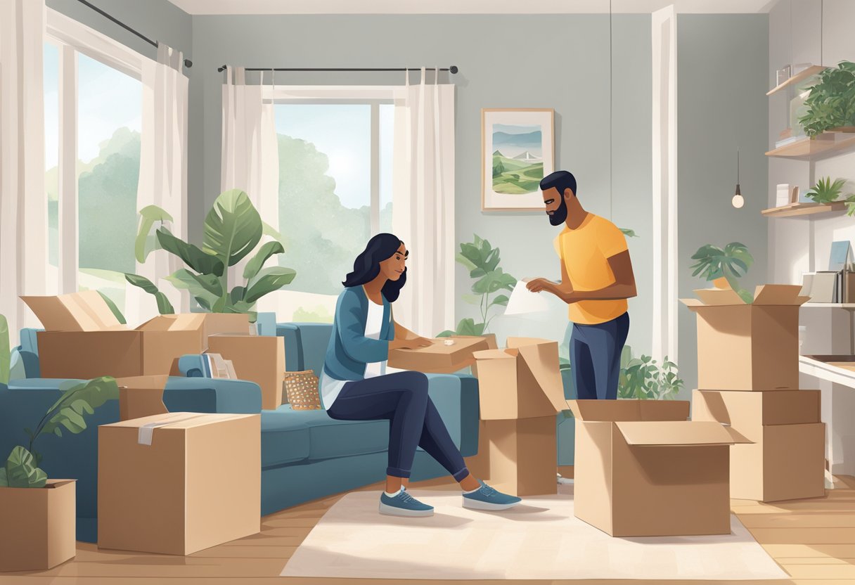 A couple unpacks boxes in their new EC, admiring spacious rooms and modern amenities