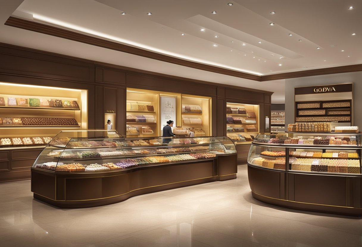 The Godiva store in Singapore is bustling with customers, the elegant displays of chocolates and confections catching the eye of passersby. The storefront is adorned with the iconic Godiva logo, drawing in chocolate lovers from all around