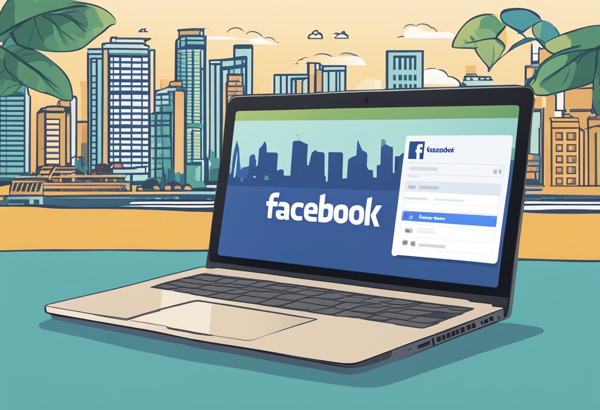 A laptop displaying the Facebook logo with the words "Frequently Asked Questions" on the screen, set against a backdrop of the Singapore skyline
