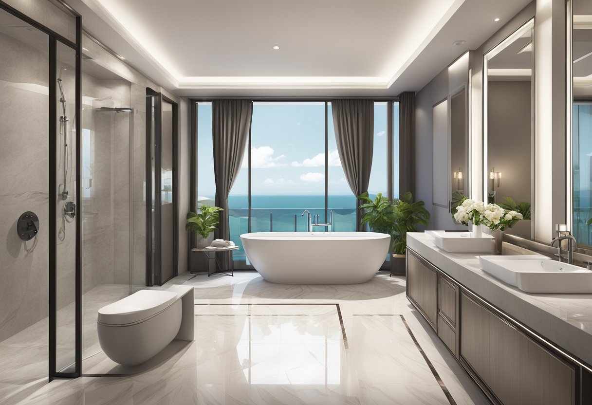 A luxurious hotel bathroom in Singapore with a modern bathtub and elegant fixtures