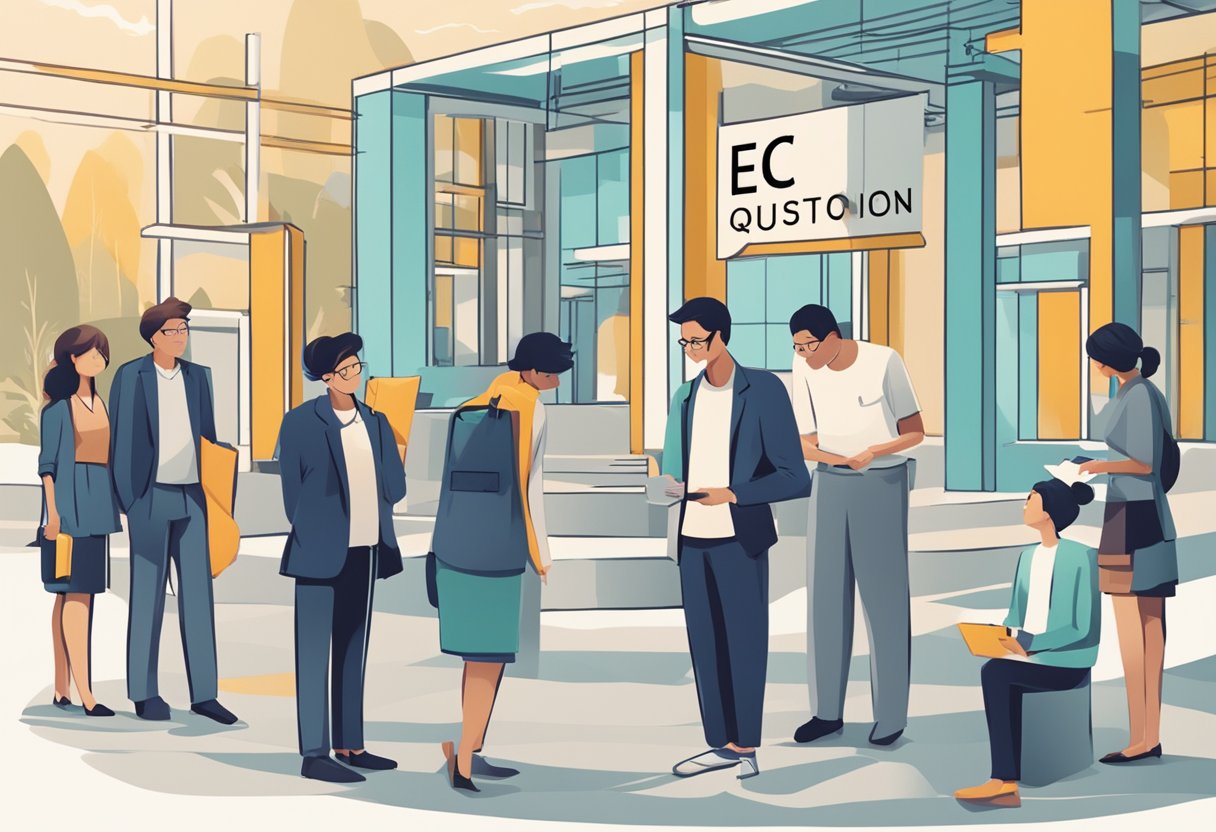 A group of people standing around a sign that reads "Frequently Asked Questions ec singapore" with a question mark symbol
