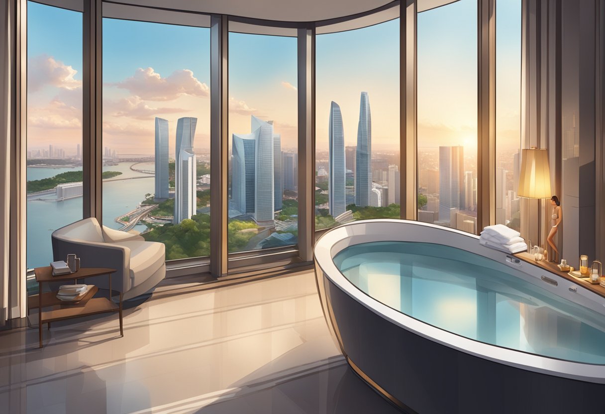 A person selects a hotel room in Singapore with a luxurious bathtub, surrounded by elegant decor and a view of the city skyline