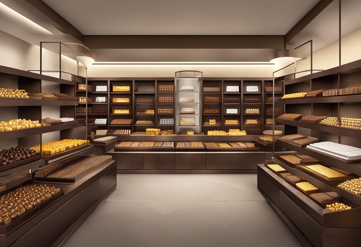 A display of Godiva's Chocolate Range in a luxurious setting with elegant packaging and decadent chocolates arranged neatly on shelves