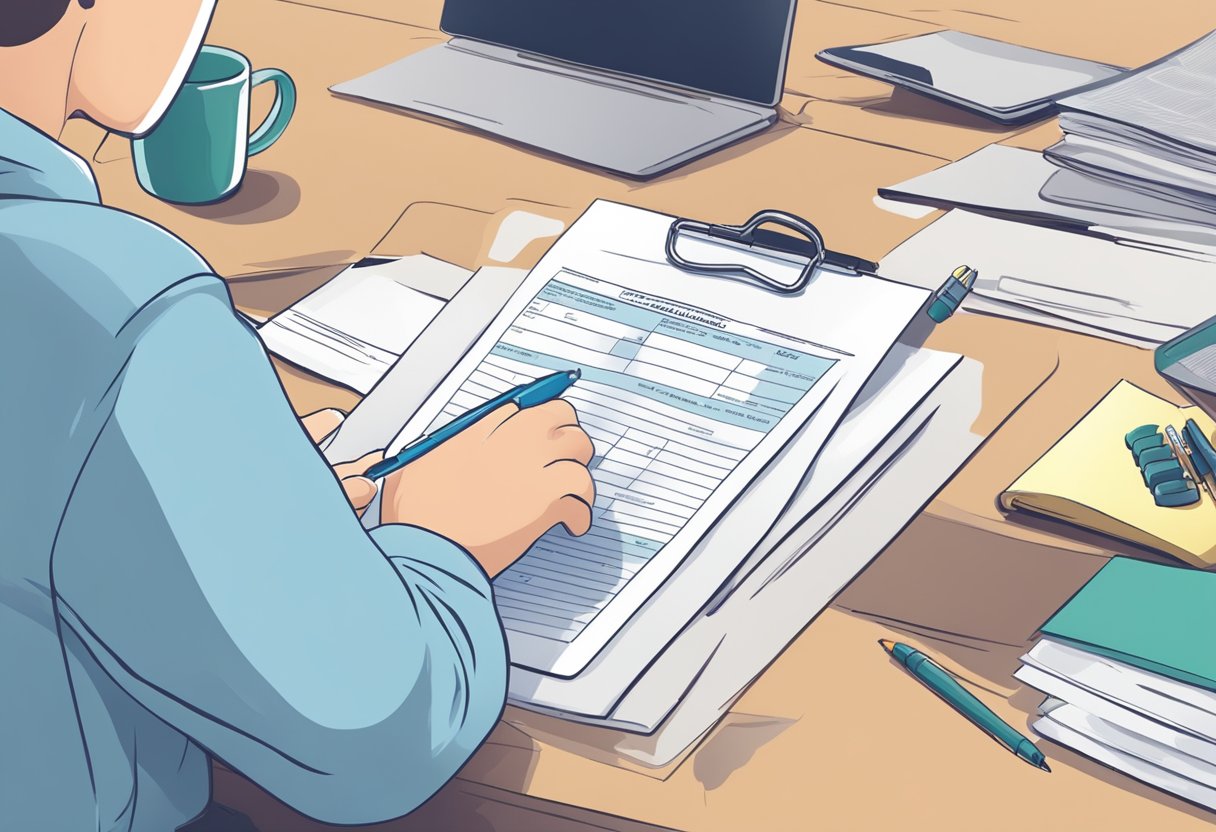 A person fills out a health declaration form with a pen at a desk