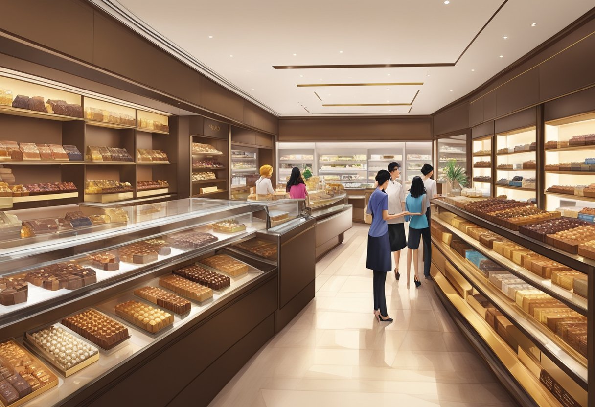 A bustling godiva store in Singapore, with customers browsing shelves of decadent chocolates and staff assisting at the counter