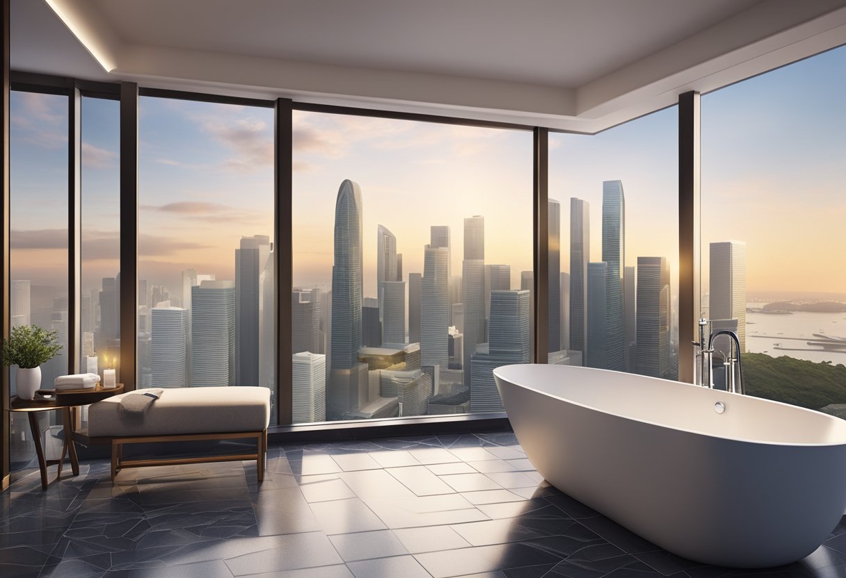 A luxurious hotel bathroom in Singapore featuring a modern bathtub with elegant fixtures and a view of the city skyline