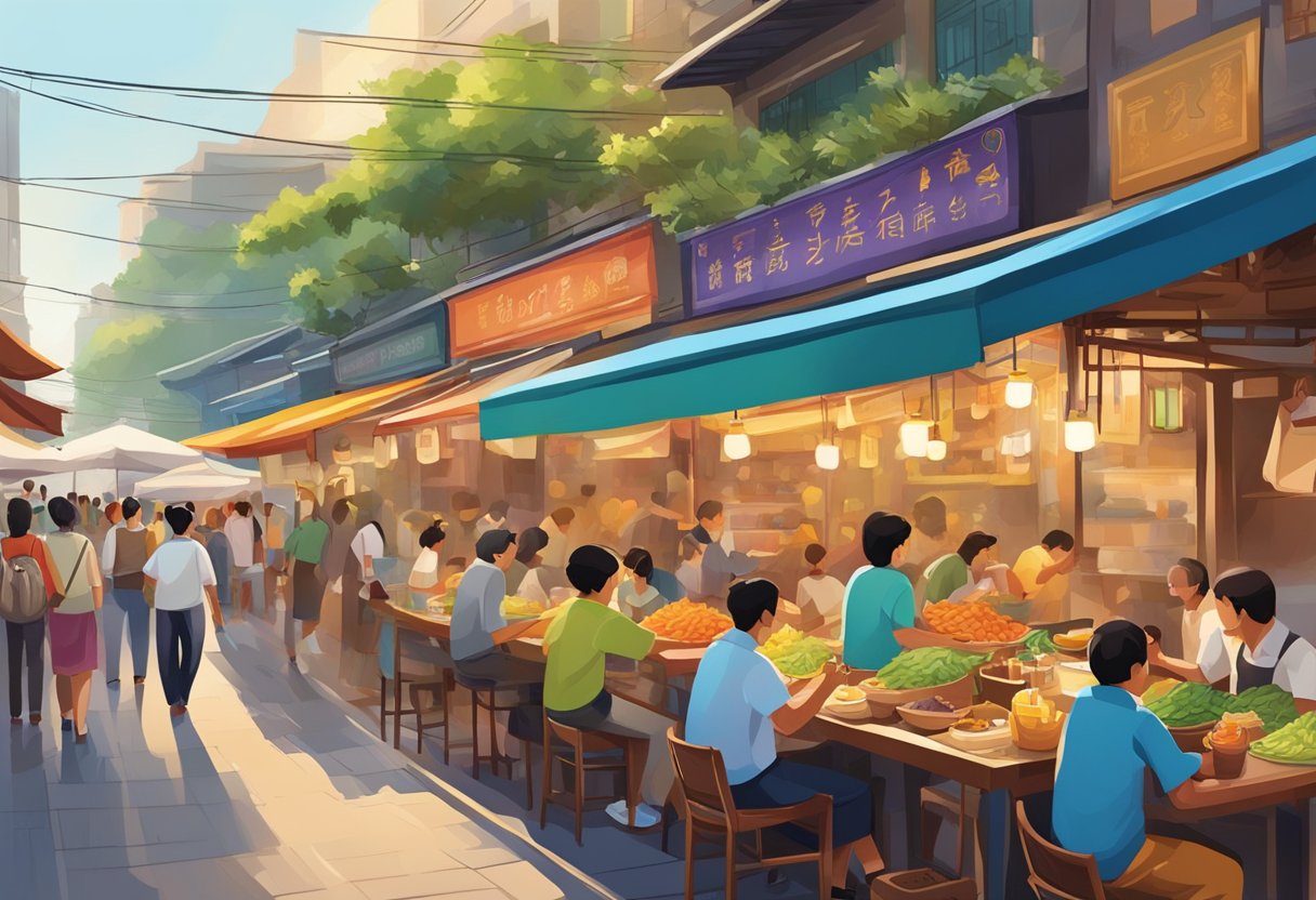 Busy hawker stalls line the vibrant streets, emitting tantalizing aromas. Colorful storefronts and bustling outdoor seating create a lively atmosphere
