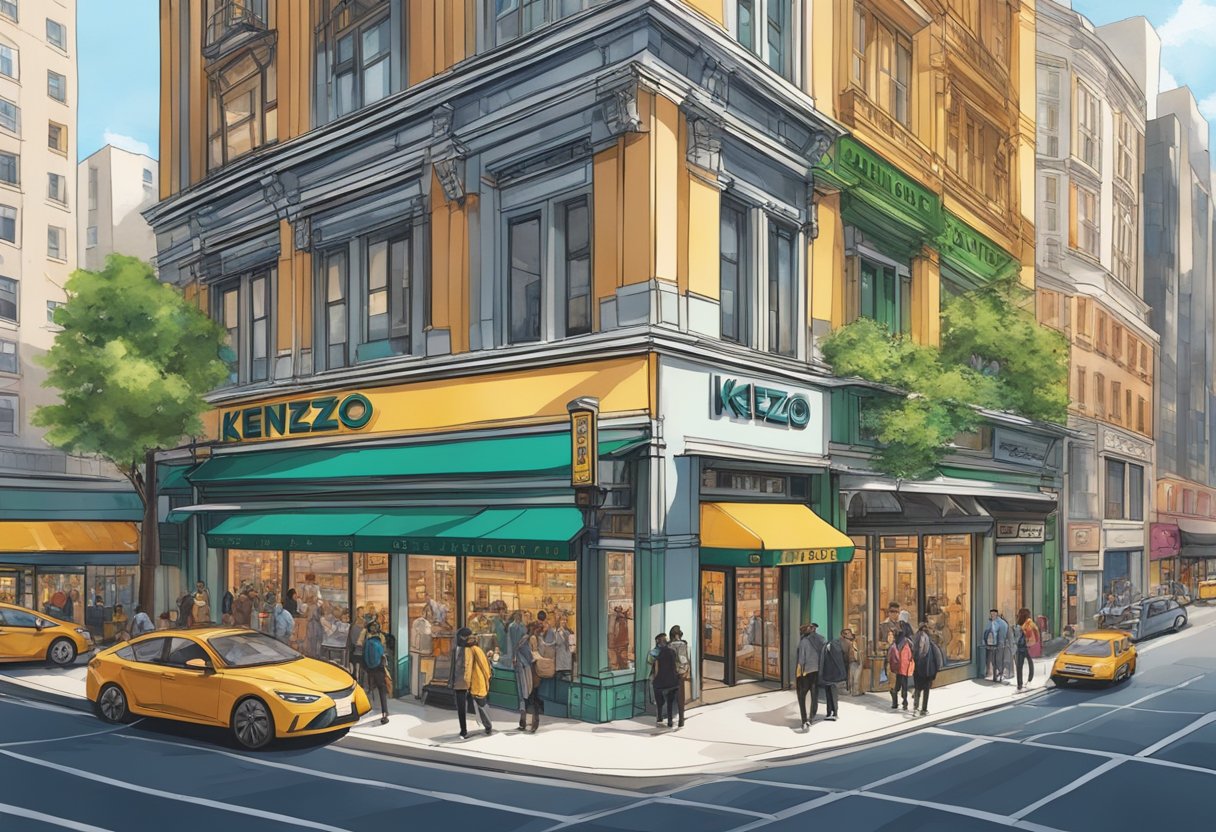 A bustling cityscape of modern buildings and vibrant street life, with the iconic Kenzo storefront standing out among the bustling shops and restaurants
