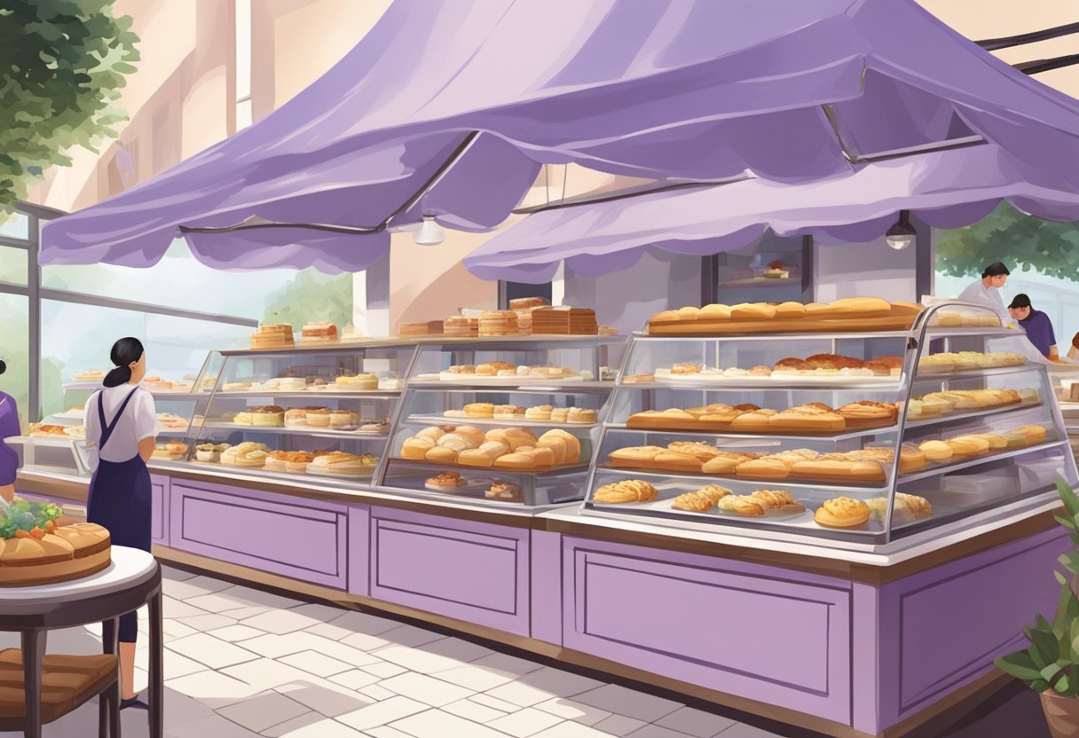 The bustling lavender bakery in Singapore, filled with the sweet aroma of freshly baked goods and colorful displays of pastries and cakes