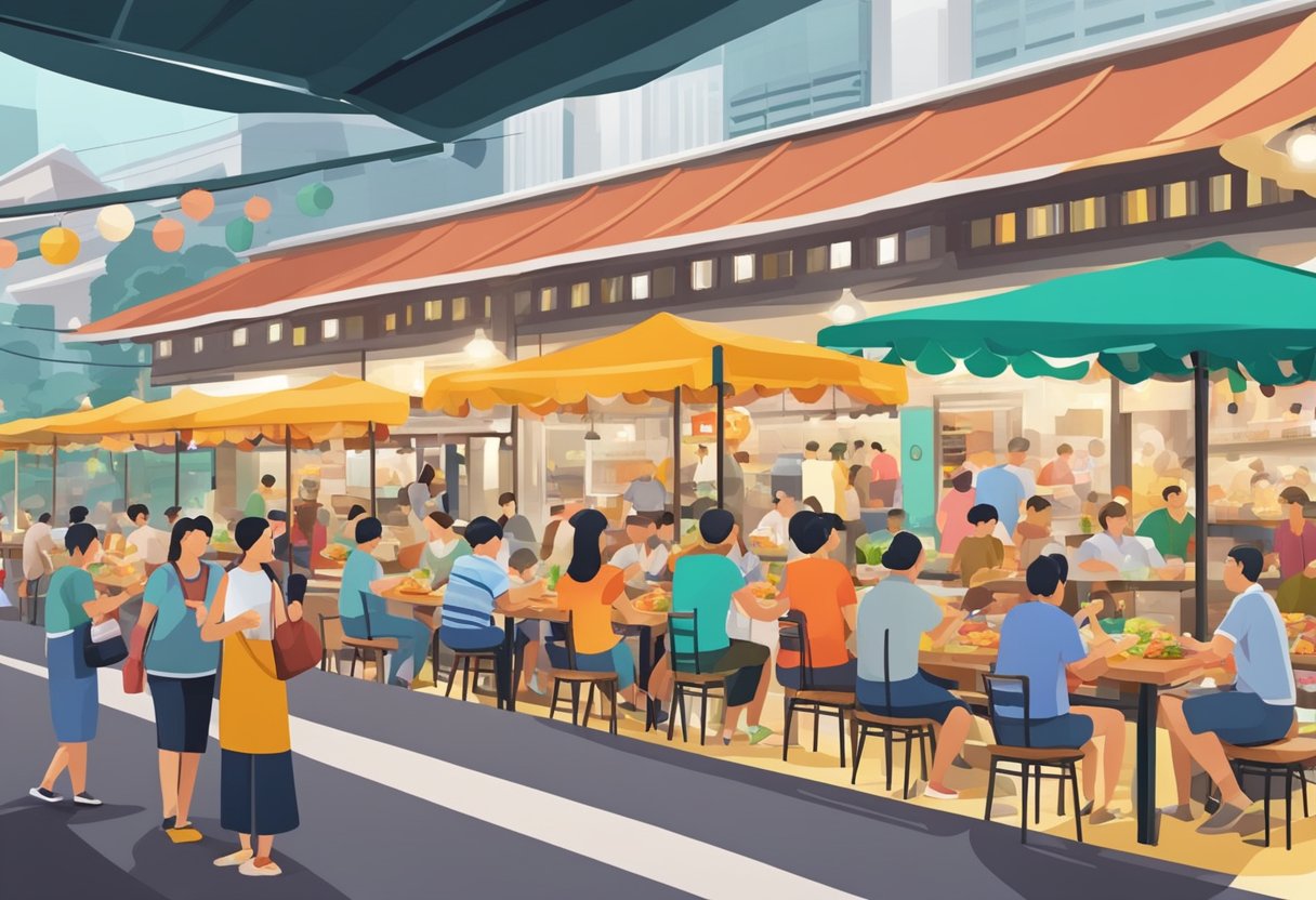 A bustling hawker center with colorful food stalls and lively diners enjoying a variety of local and international cuisines in Singapore