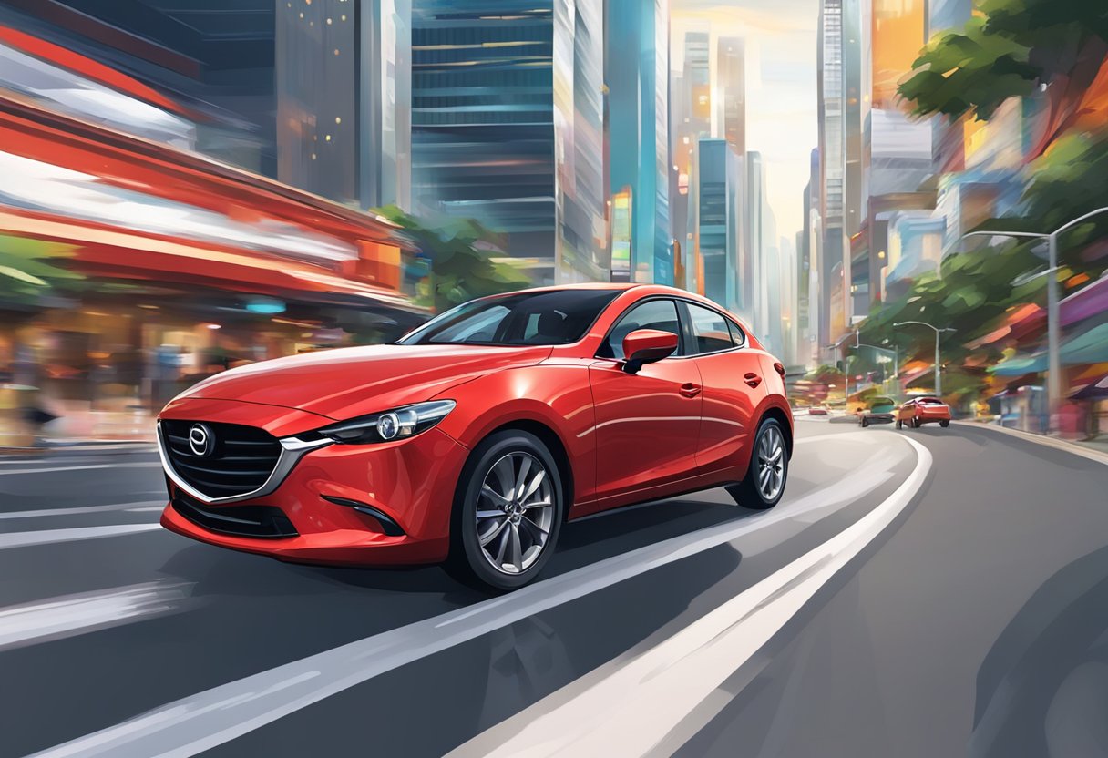 A red Mazda car zooms through the bustling streets of Singapore, passing by towering skyscrapers and vibrant city lights