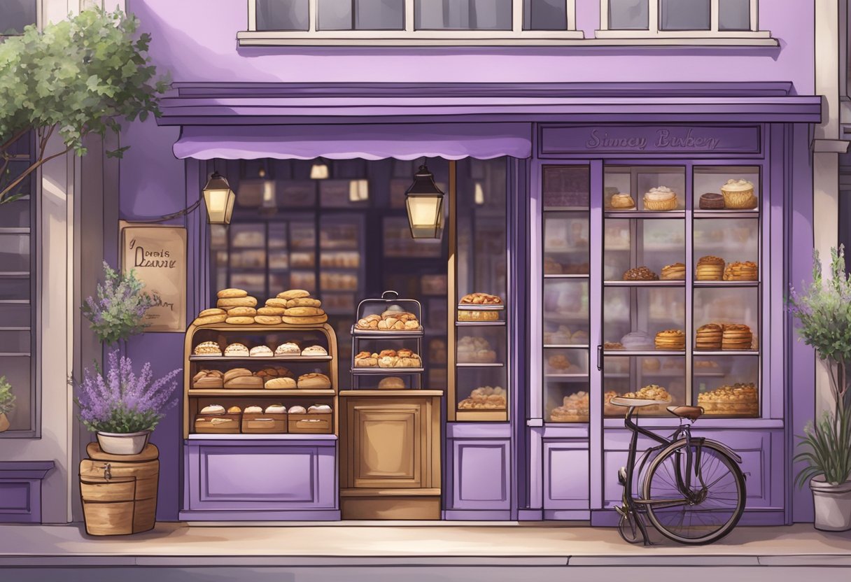 A cozy bakery with shelves of lavender-infused treats, a rustic display of pastries, and a welcoming storefront in Singapore
