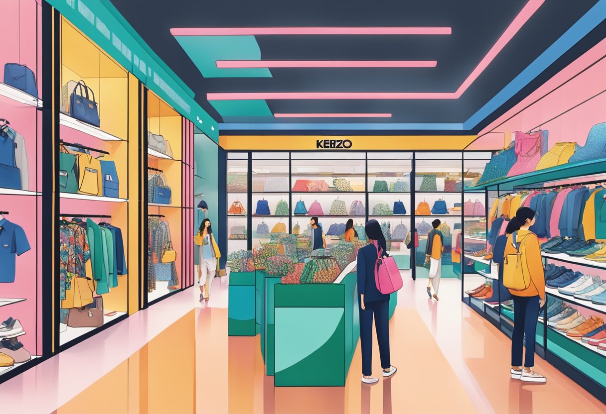 A bustling Kenzo store in Singapore, with vibrant displays and stylish shoppers browsing the latest collections