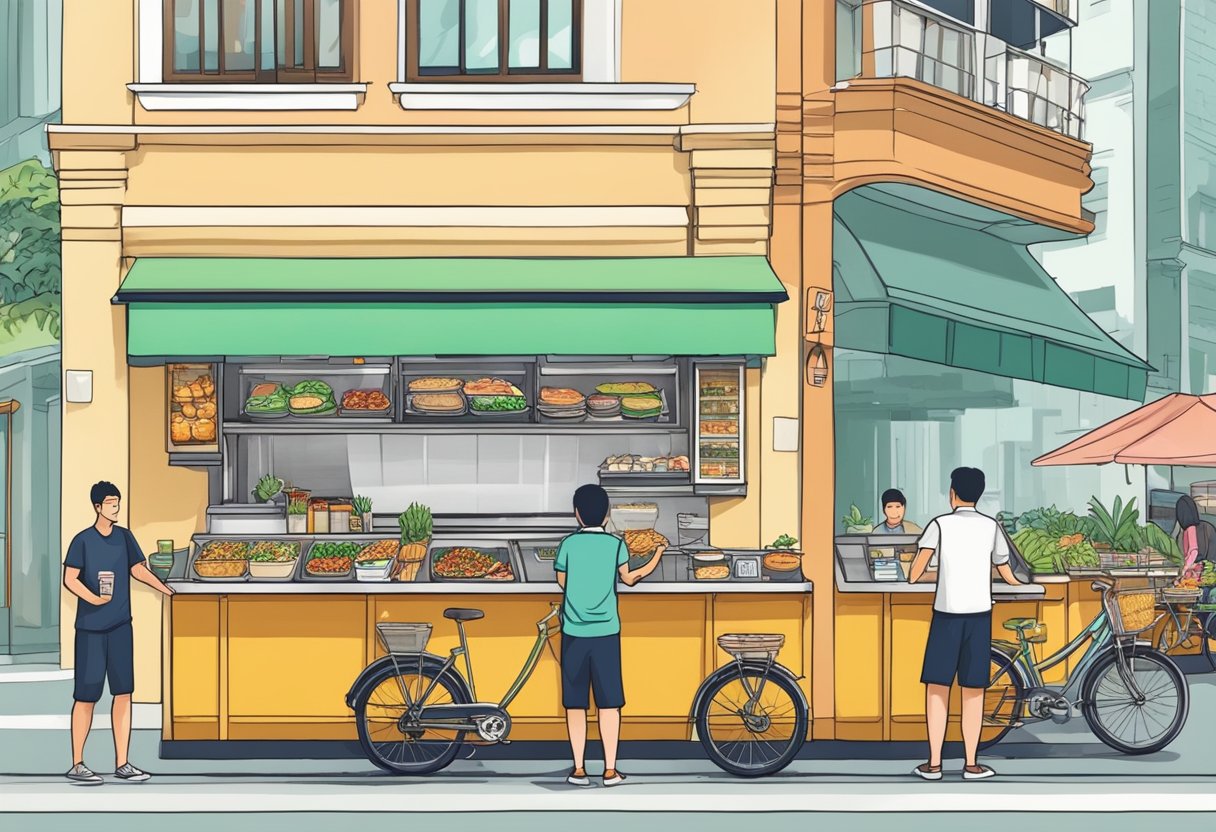 Vibrant street food stalls and modern eco-friendly restaurants line the bustling streets of Singapore, showcasing innovative sustainable dining options