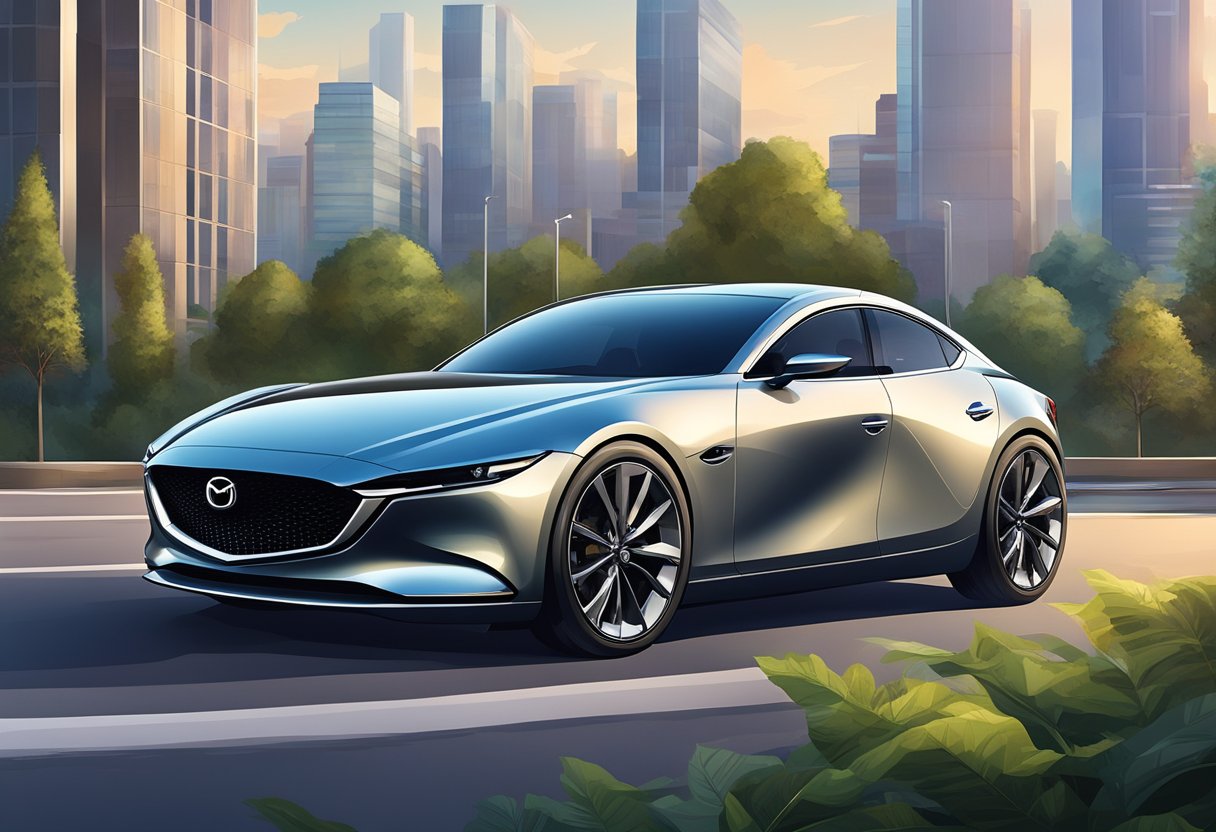 A sleek Mazda car parked in front of a modern showroom, surrounded by lush greenery and a vibrant cityscape in the background