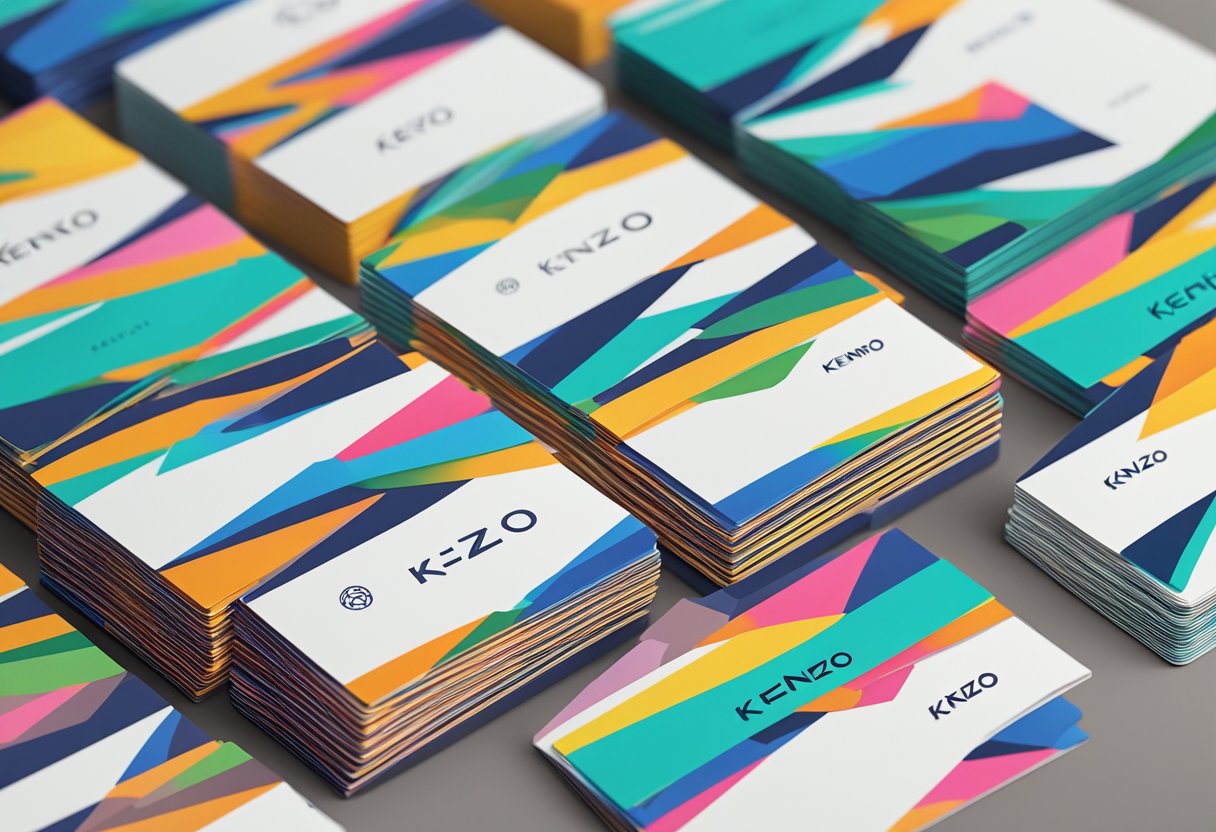 A stack of FAQ cards with the Kenzo logo, neatly arranged on a sleek, modern counter