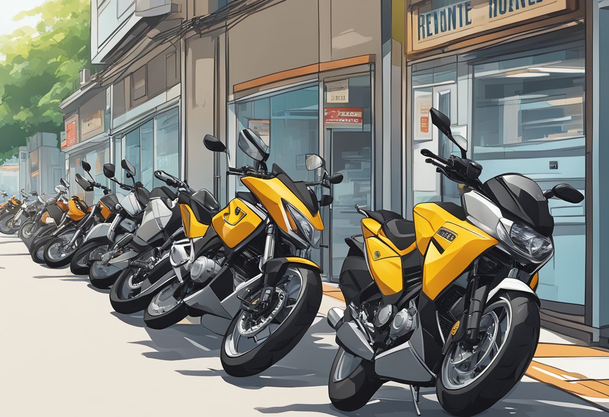 A row of motorbikes lined up outside a rental shop in Singapore. Bright signage and cityscape in the background